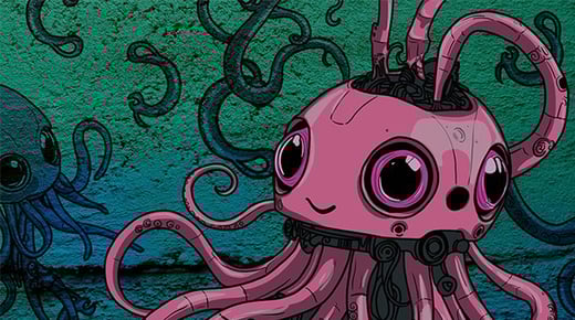 A digital scene of an octopus-like creature with three eyes and multiple tentacles. Individual tentacles appear around the creature as if floating underwater. Image credit to BRiGHTBLACK.