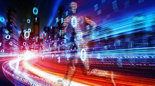 A computer generated image of blurred neon lights and binary code numbers (zeros and ones) and a robot-like figure running towards a landscape of skyscrapers.