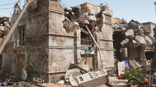 A simulation of an urban environment after an earthquake with damaged buildings and infrastructure