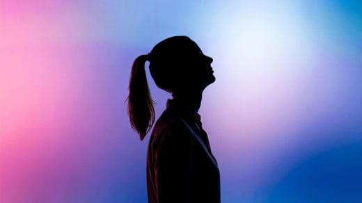 Silhouette of a person with long hair in a ponytail standing side on to the camera.