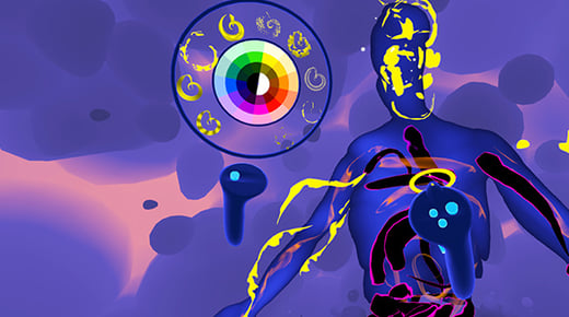 A still from the Soul Paint immersive experience. The outline of the human body in digital form is overlaid with different colours and shapes.