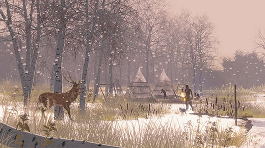 A computer generated image of the Star Carr settlement. Two teepees in a snow covered woodland. A fire burns outside the tee-pees and people stand and sit nearby. A deer stands in the foreground.